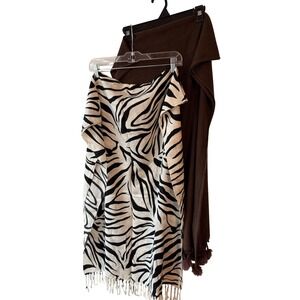 2 Scarf Bundle Zebra Print & Brown Pom Pom Scarf Bundle NEW